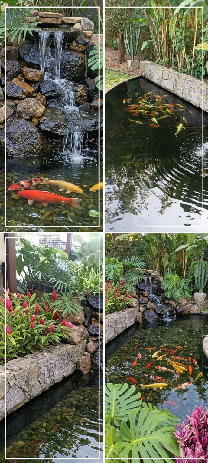 Manutenção e limpeza de lago ornamental com carpas Koi, cascata de pedras e água cristalina